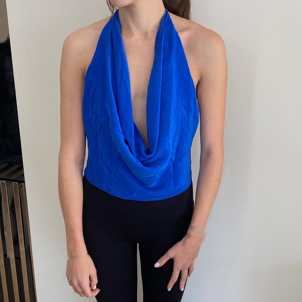 EMERSON THORPE Blue Silk Tie Neck Top Size XS